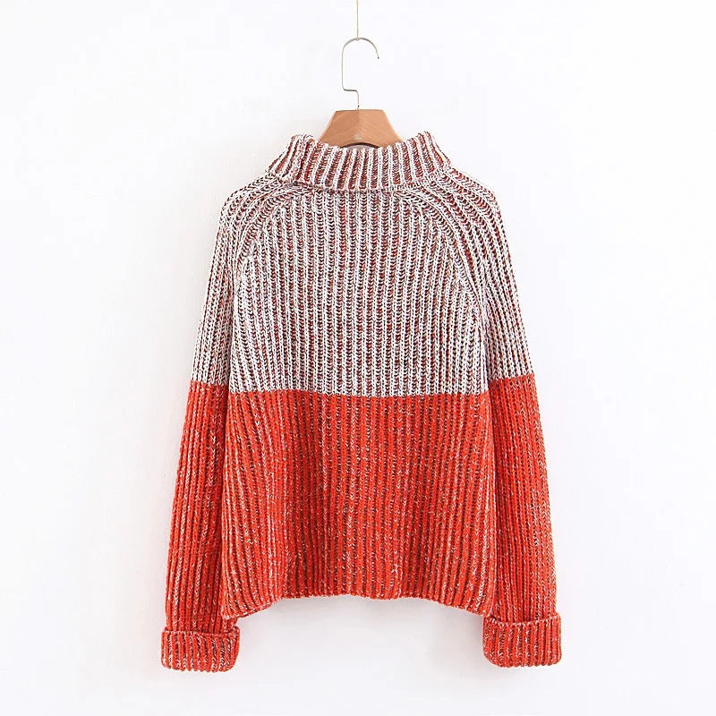 High Neck Color Patchwork Curl Long Sleeves Loose Women Sweater