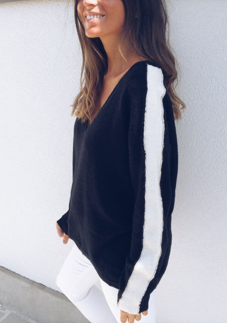 Autumn Winter Deep V-neck Knitted Patchwork Women's Loose Sweater
