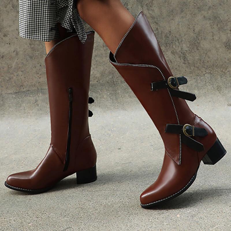 Leather Buckle Chunky Low Heel Knee High Boots