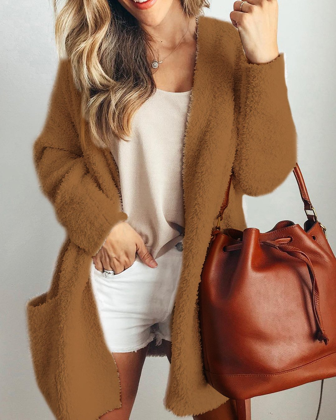 Solid Color Two Pockets Women Loose Oversized Cardigan Coat