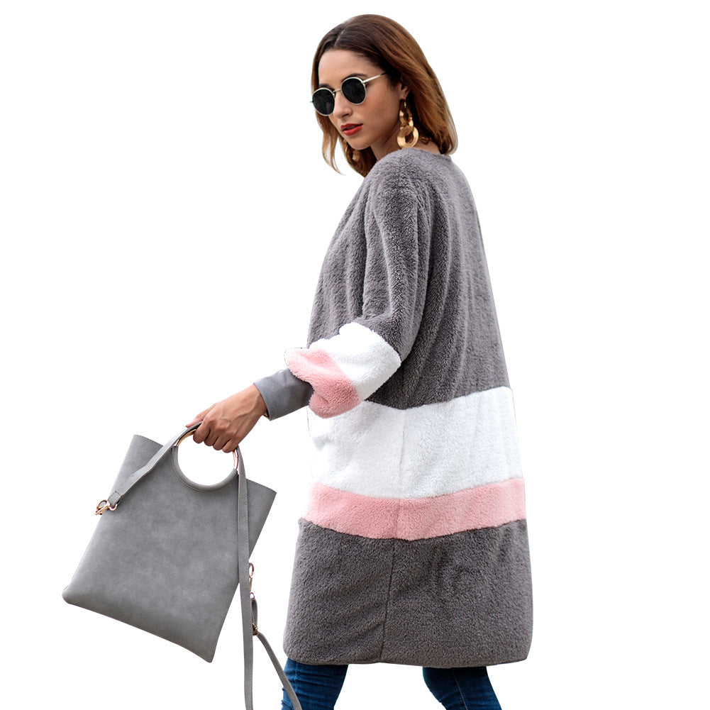 Plush Stripe Color Patchwork V-neck Long Women Cardigan Sweater