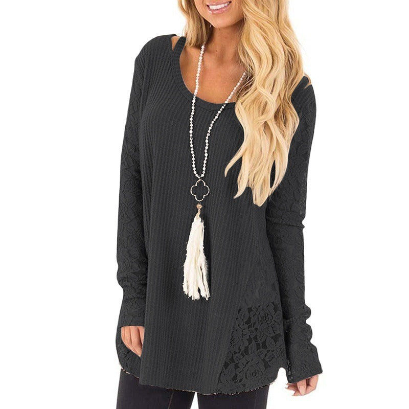Scoop Long Lace Sleeves Lace Patchwork Women Loose Oversized Sweater
