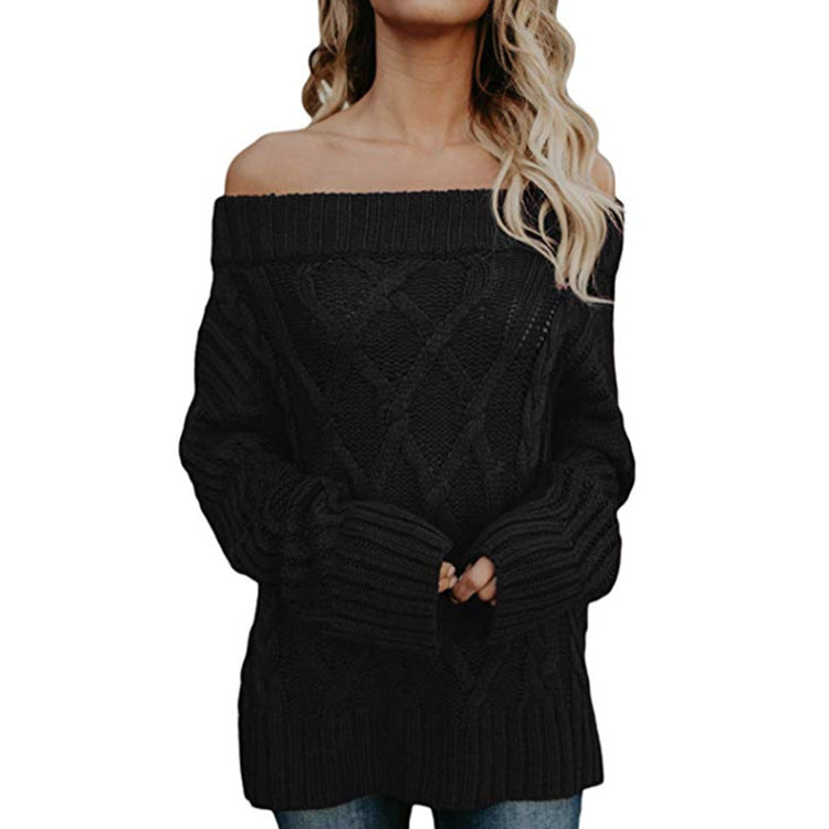 Off Shoulder Cable Knit Long Thick Women Sweater