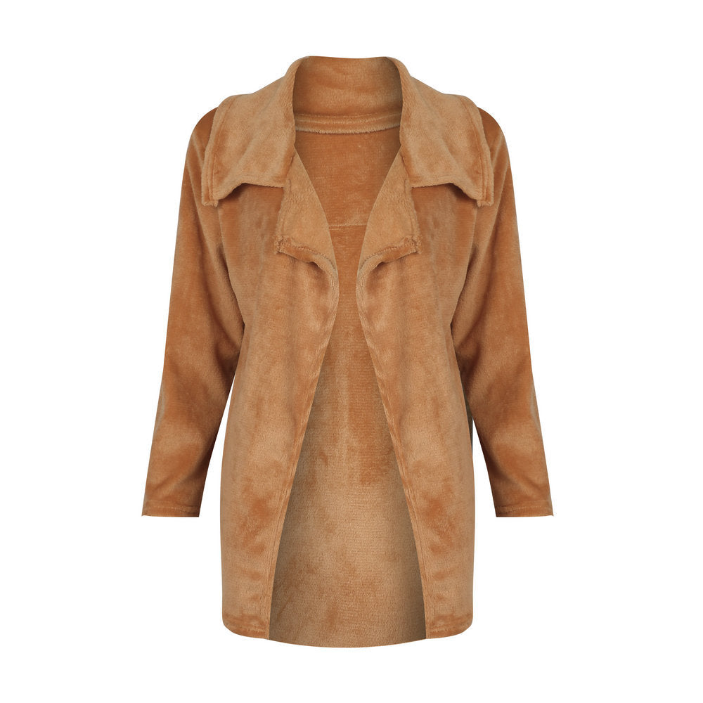 Lapel Collar Open Warm Solid Color Women Winter Short Teddy Coat