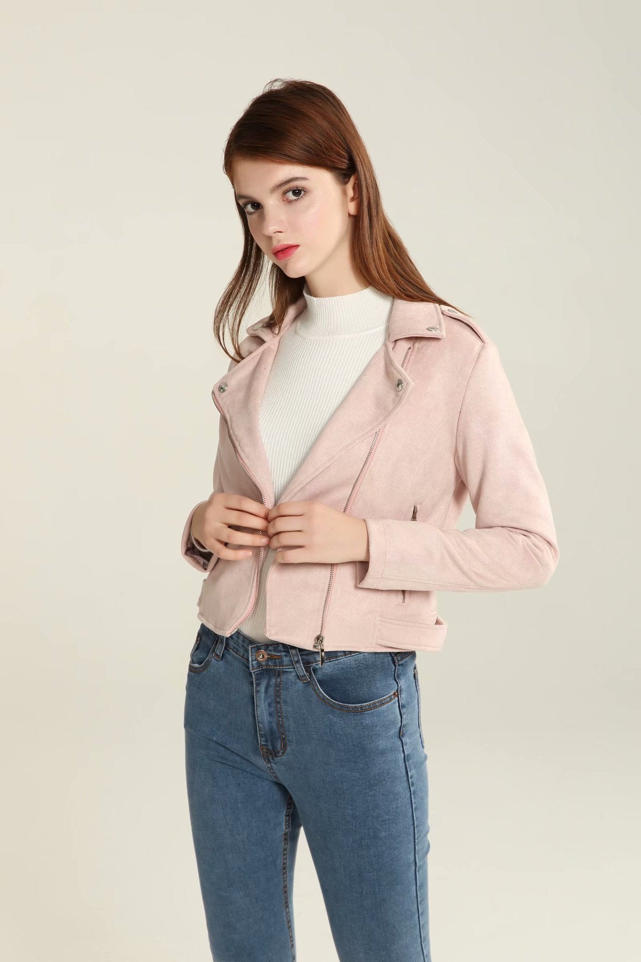 Solid Color Lapel Collar Oblique Zipper Women Slim Cropped Jacket Coat