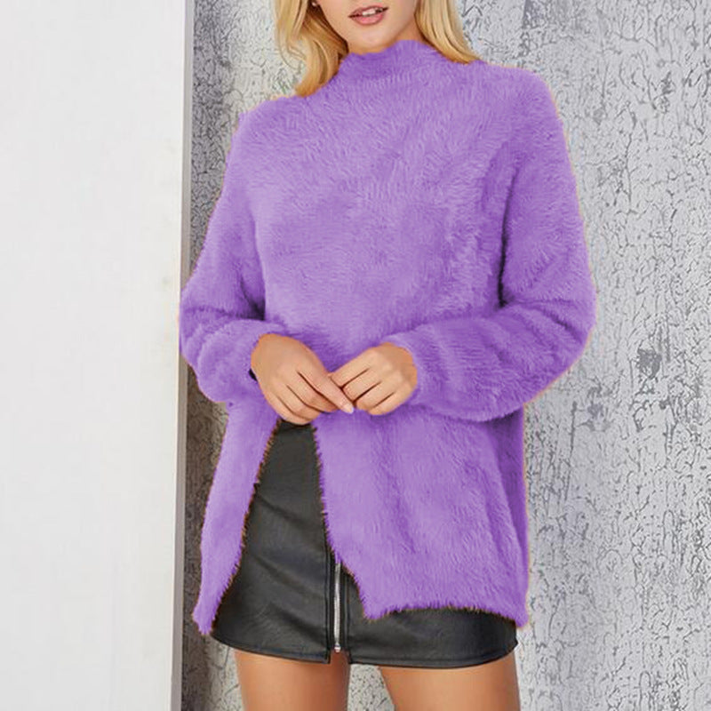 High Neck Solid Color Split Long Mohair Women Pullover Sweater