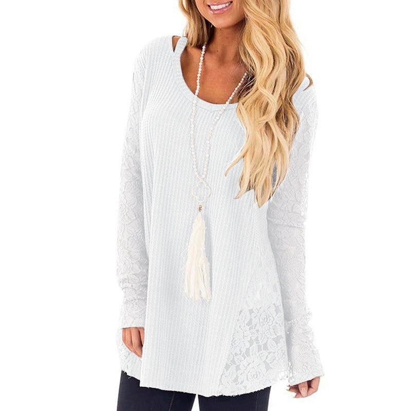 Scoop Long Lace Sleeves Lace Patchwork Women Loose Oversized Sweater