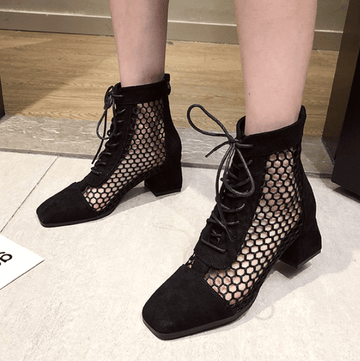 Suede Square Toe Cutout Strap Chunky Heel Calf Boots