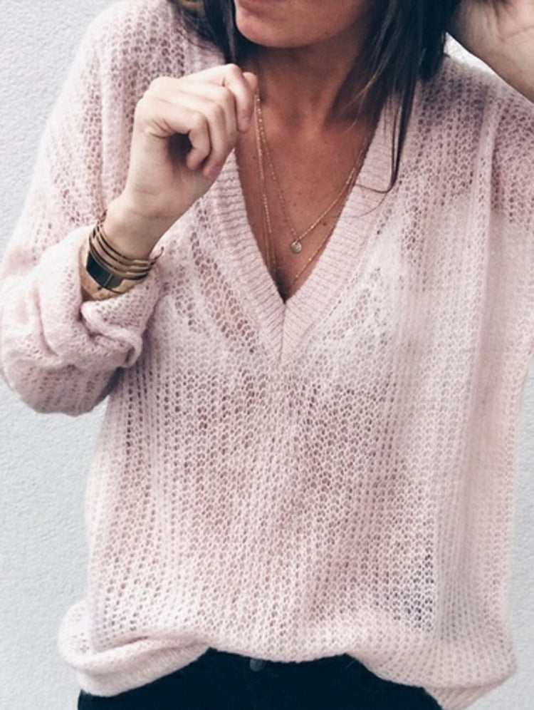 Deep V-neck Loose Thin Long Women Pullover Sweaters