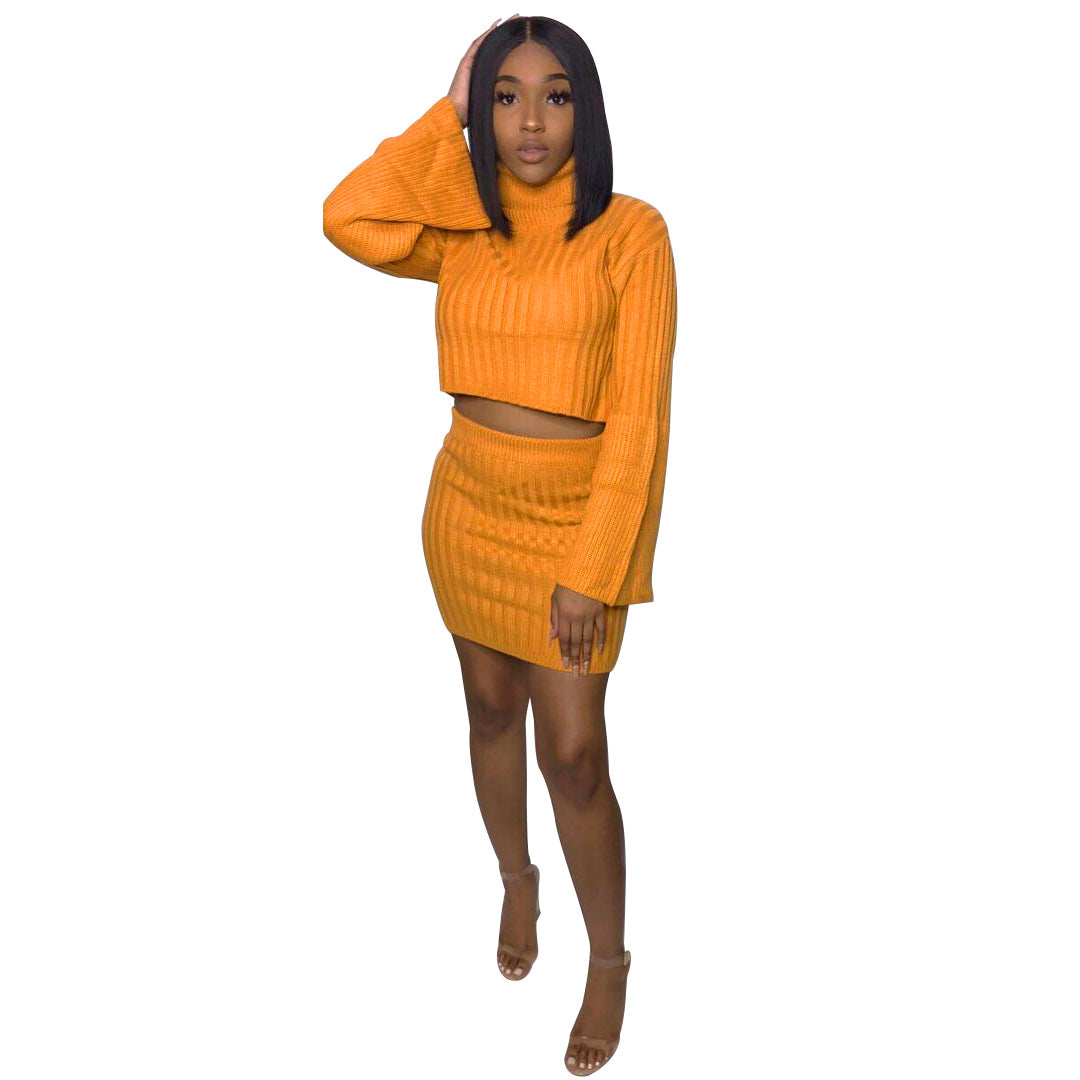 Bright Color Turtleneck Long Trumpet Sleeve with High Waist Short Skirt Two Pieces Set