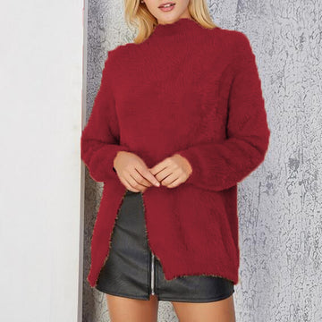 High Neck Solid Color Split Long Mohair Women Pullover Sweater