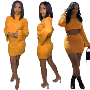 Bright Color Turtleneck Long Trumpet Sleeve with High Waist Short Skirt Two Pieces Set