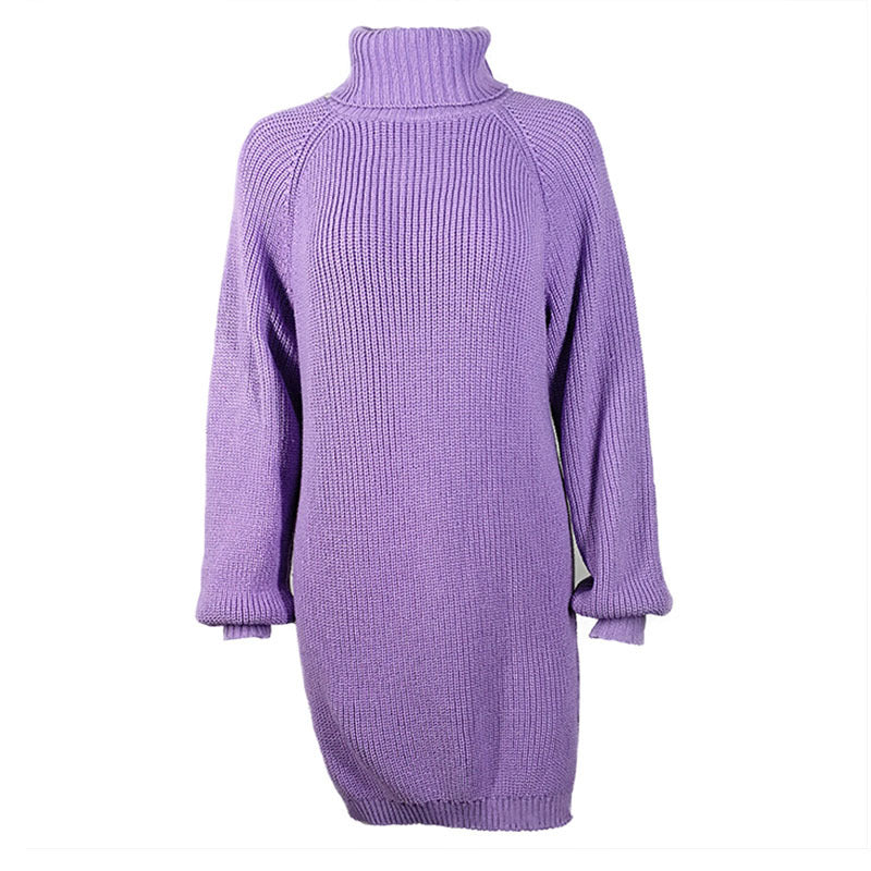 Turtleneck High Neck Long Lantern Sleeves Split Oversized Long Sweater Dress