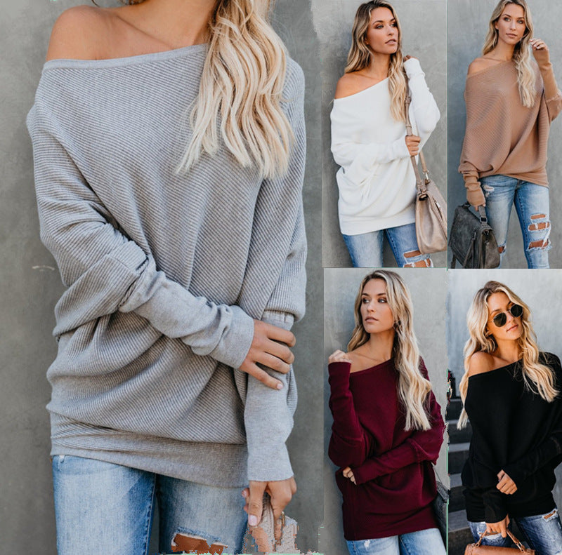Bare Shoulder Long Batwing Sleeves Pure Color Women Loose Long Sweater