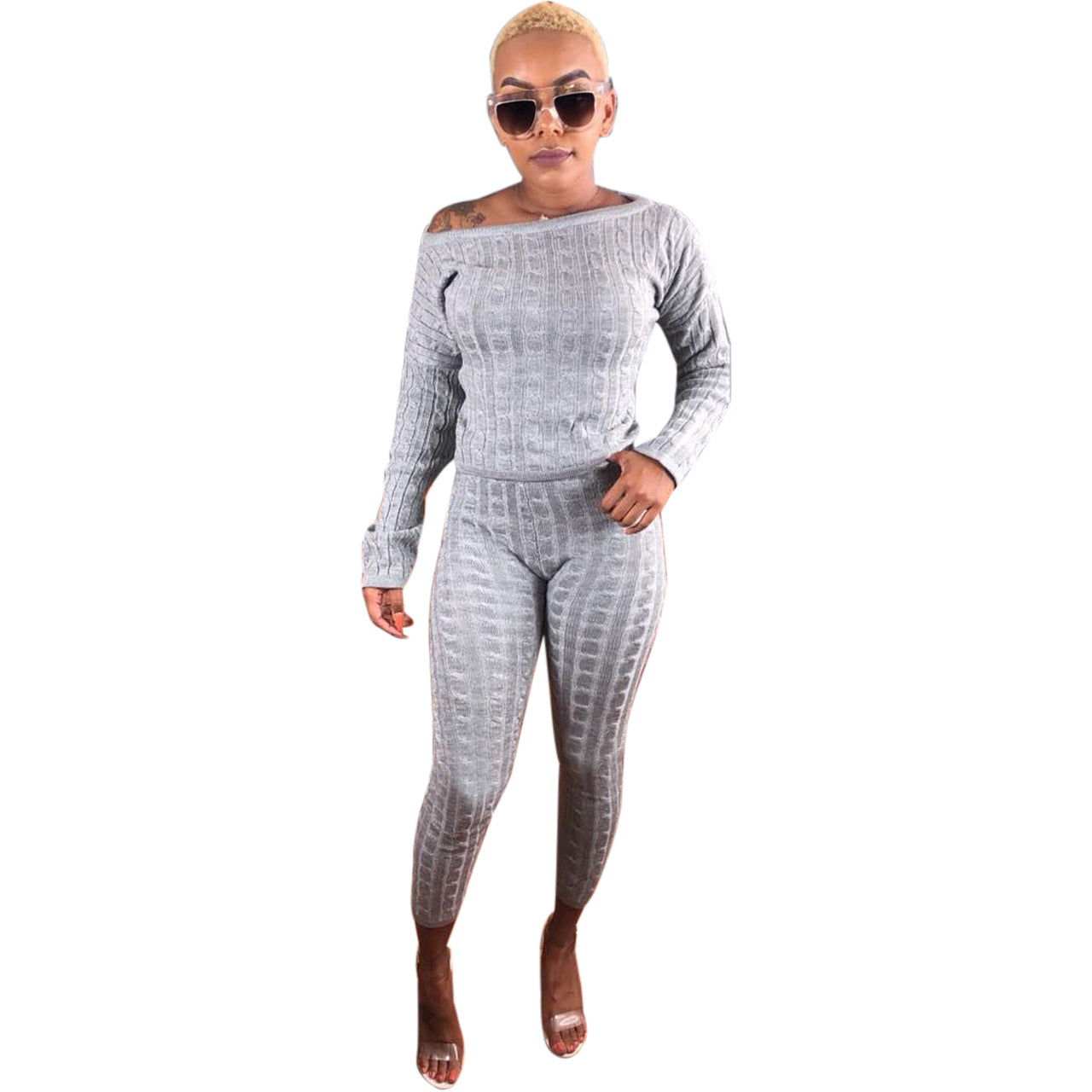 Pure Color Sweater with Long Skinny Knitwear Pants Women Two Pictures Sweater Set