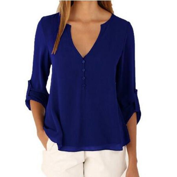 V-neck Long Sleeves Loose Plus Size Chiffon Blouse - Meet Yours Fashion - 2