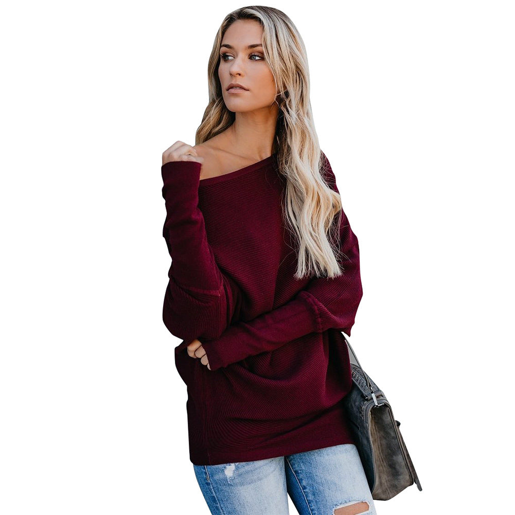 Bare Shoulder Long Batwing Sleeves Pure Color Women Loose Long Sweater