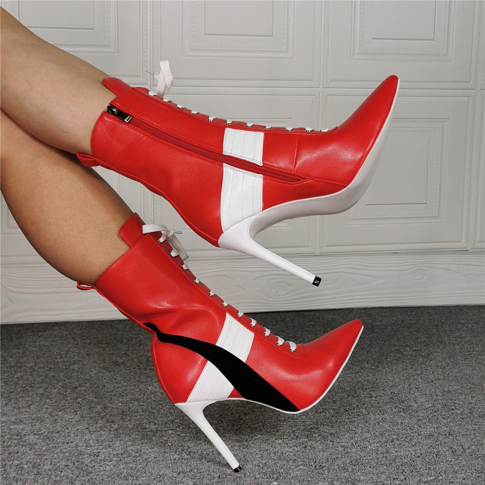 Red PU Point Toe Strap High Heel Calf Boots