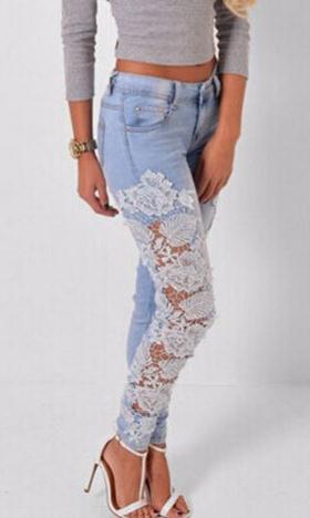 Lace Patchwork Hollow Low Waist Straight Hot Jeans - Meet Yours Fashion - 2