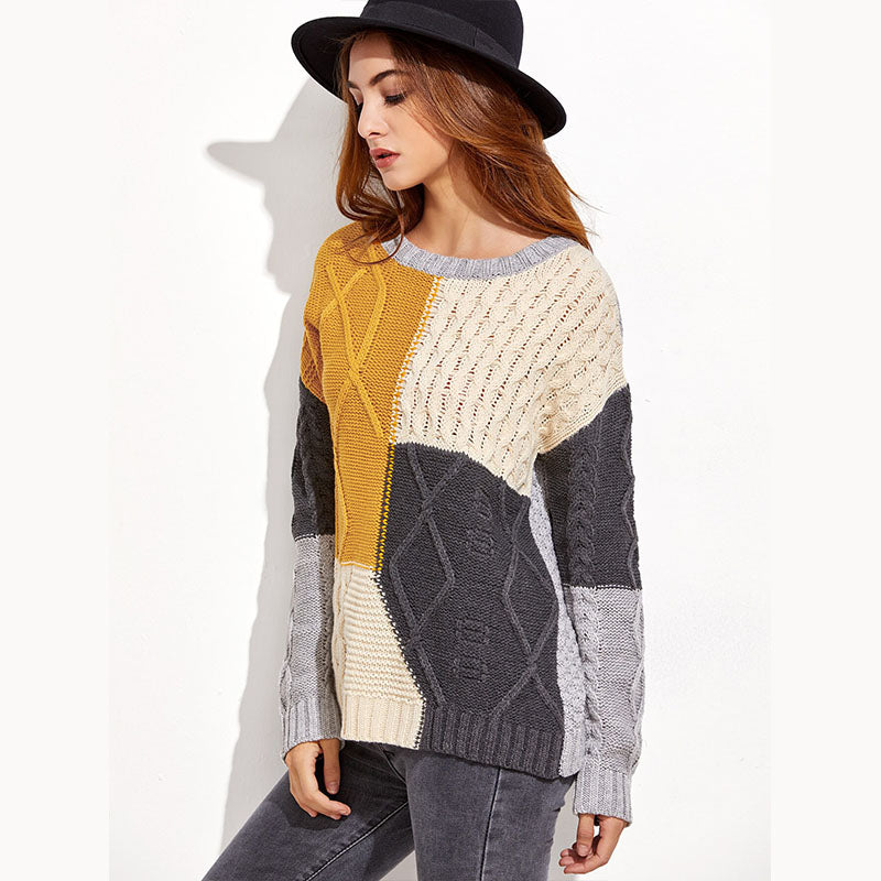 Oversized Colorblock Cable Knitted Sweater