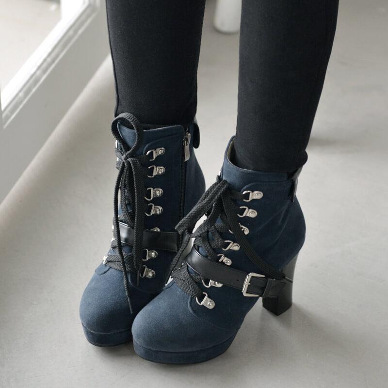 Platform Lace Up Suede Chunky Heel Ankle Boots 