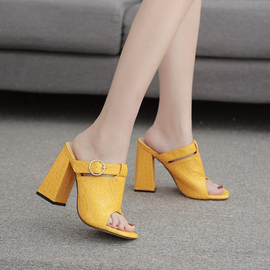 Open Toe Leather Chunky High Heel Sandals