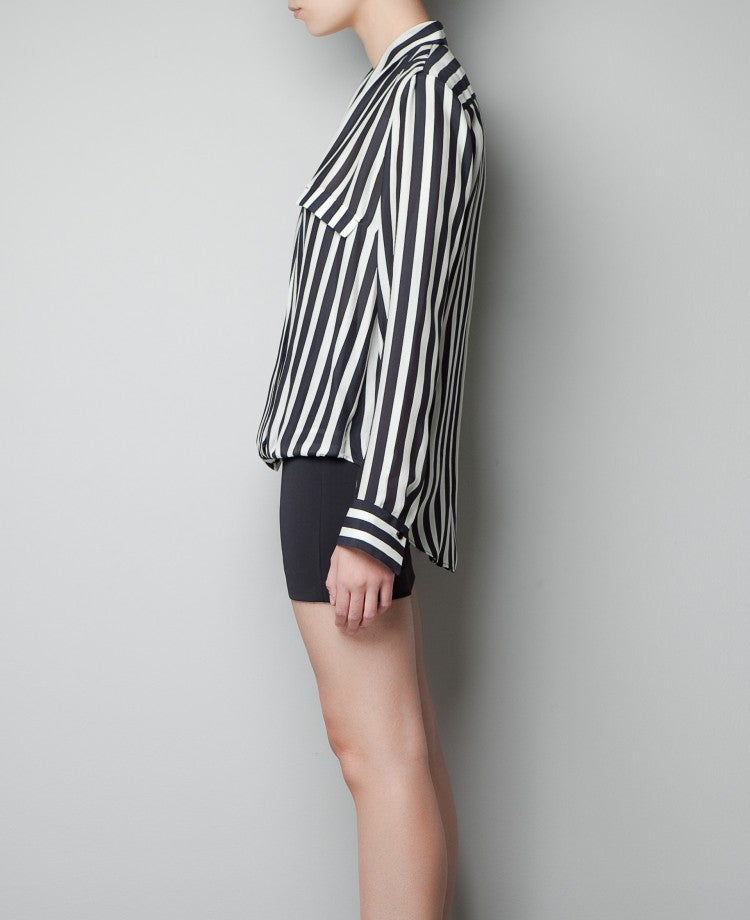 Striped Deep V-neck Long Sleeves Slim Chiffon Blouse - Meet Yours Fashion - 4