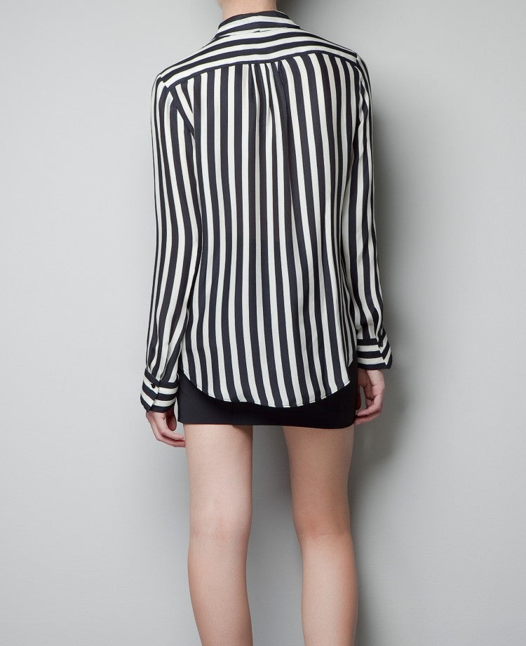 Striped Deep V-neck Long Sleeves Slim Chiffon Blouse - Meet Yours Fashion - 5