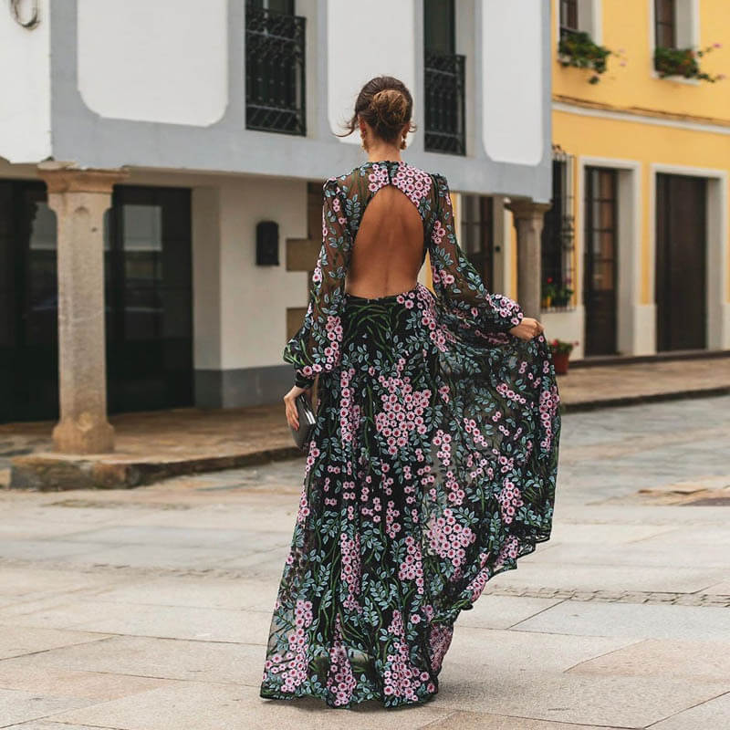 Floral Long Sleeve Backless Slim Maxi Dress