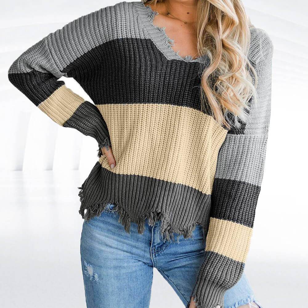 V Neck Colorblock Frayed Sweater