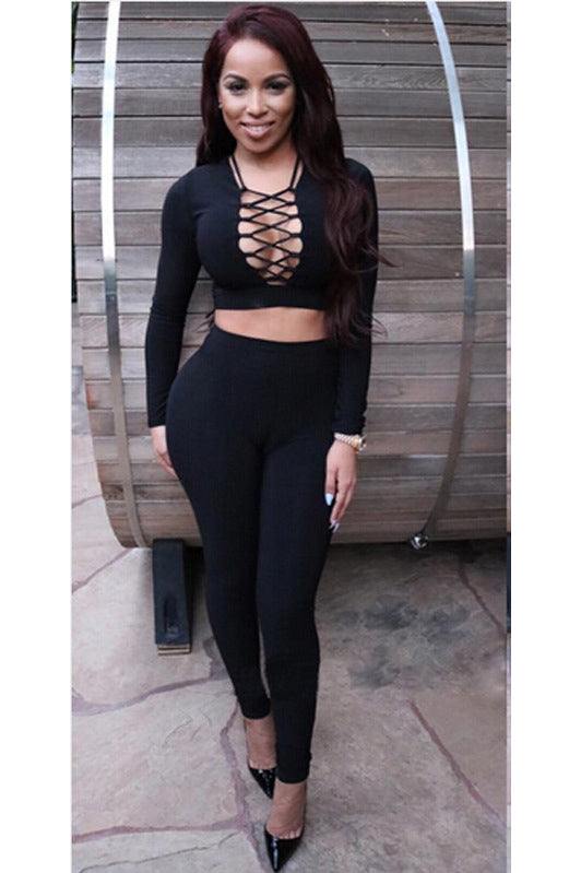 Straps Cross Crop Top with Skinny Pants Two Pieces Set
