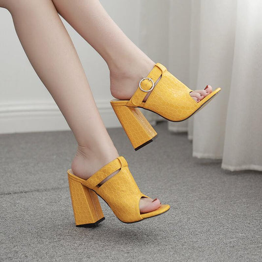 Open Toe Leather Chunky High Heel Sandals