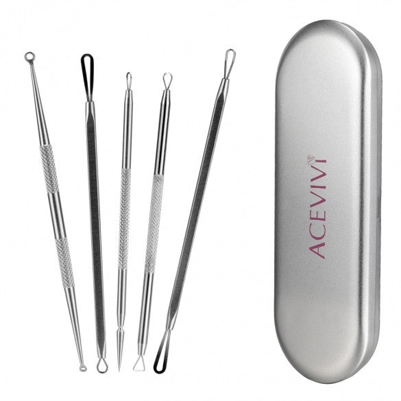 ACEVIVI 5 Pieces Stainless Steel Blackhead Kit Set Double-sided Tool Professional Health Treatment For Pimples Acne Extractors Smooth Nose Facial Skin