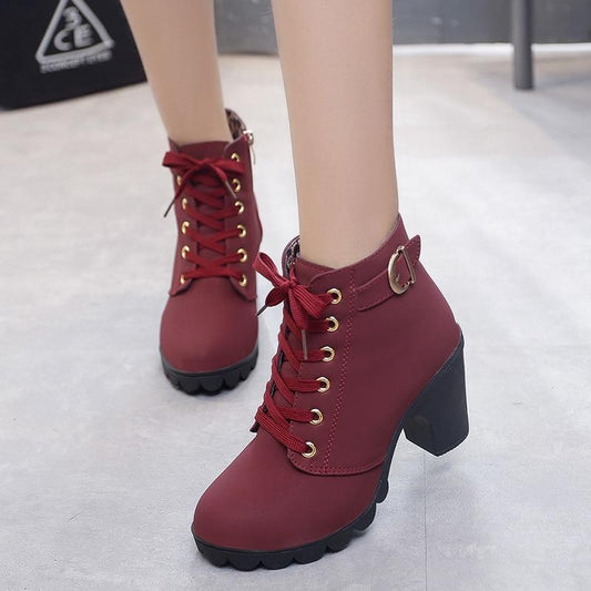 Lace Up Chunky Heel Zipper Vintage Ankle Boots