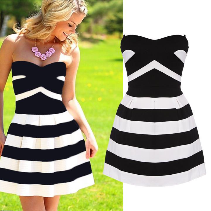 Stitching Strapless Stripe Mini Dress - MeetYoursFashion - 1