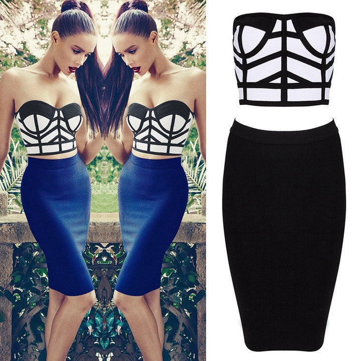 Two Pieces Bustier Crop Top Pencil Skirt Dress Set - Meet Yours Fashion - 4