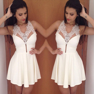 Lace Stitching Pleated Sleeveless Backless Short Dress - Meet Yours Fashion - 1