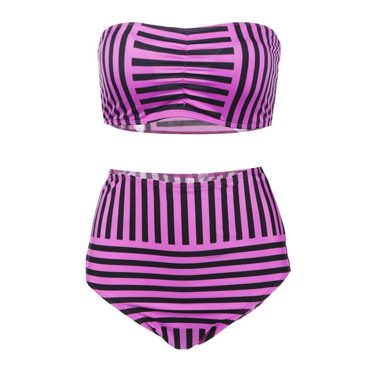 Strapless Striped High Waist Slim Bikini Set Swimsuit - Meet Yours Fashion - 2