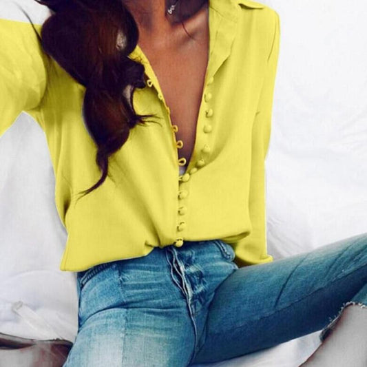 Fashion Casual Solid Color Ladies Office Tops Sexy Buttons Long Sleeve Blouse Spring Women Chiffon Shirt