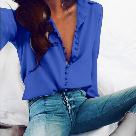 Fashion Casual Solid Color Ladies Office Tops Sexy Buttons Long Sleeve Blouse Spring Women Chiffon Shirt