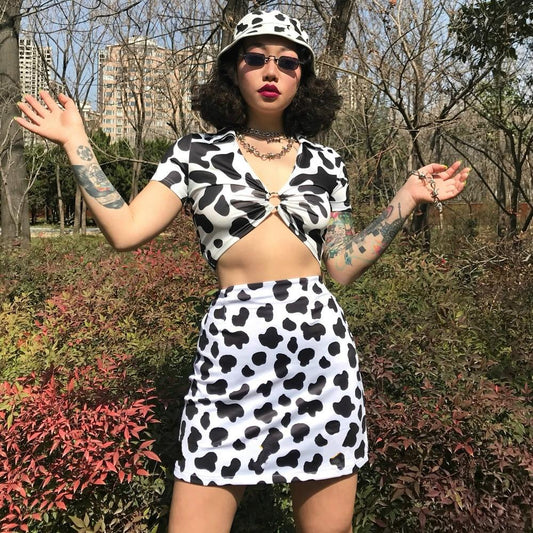 Dairy Cow Print Sexy Two Piece Set 2 Piece Set Women Two Piece Outfits Crop Top And Skirt Set Streetwear Bodycon Matching Sets
