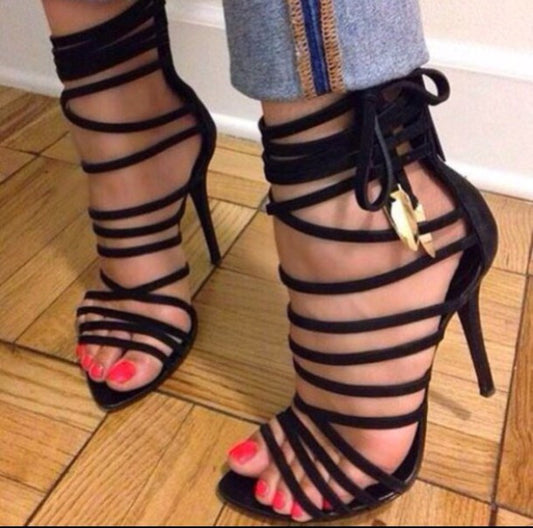 Women's High Heel Gladiator Black Strappy Stiletto Sandals