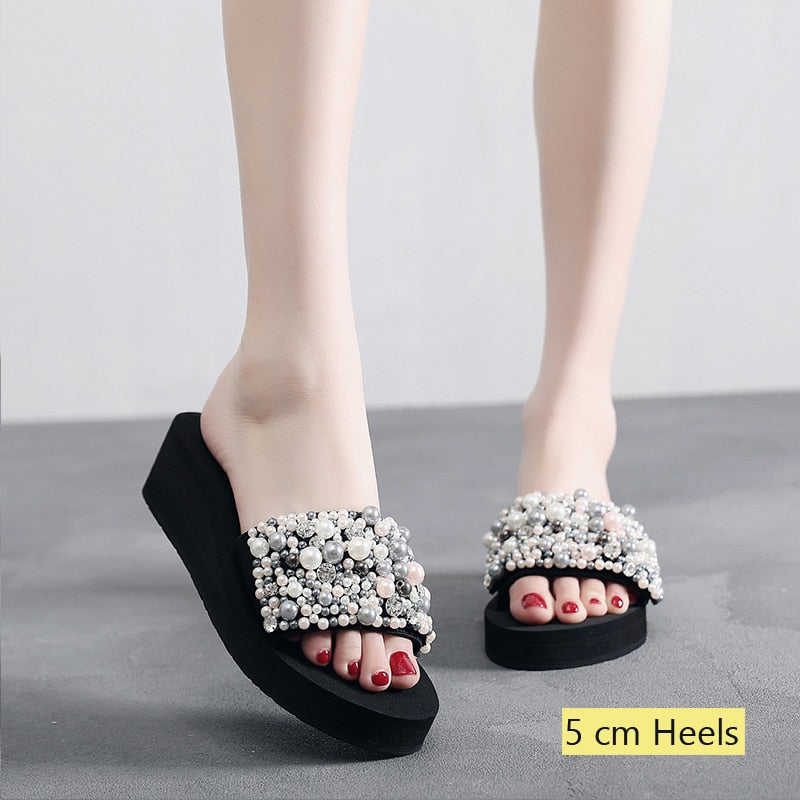 Black Crystal Handmade Pearl Wedge Slippers