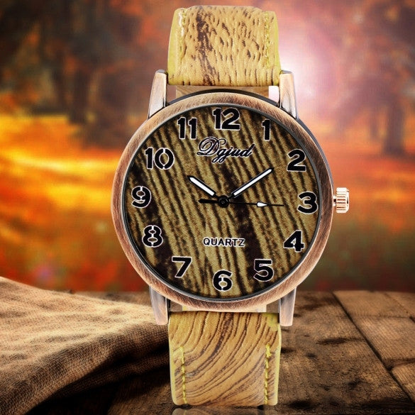 Vintage Style Women Analog Wooden Synthetic Leather Watchband Quartz Casual Watch Wristwatch