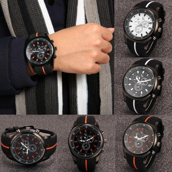 Men Fashion Tire Pattern Silicone Watchband Large Dial Quartz Analog Sport Wrist Watch - Meet Yours Fashion - 1