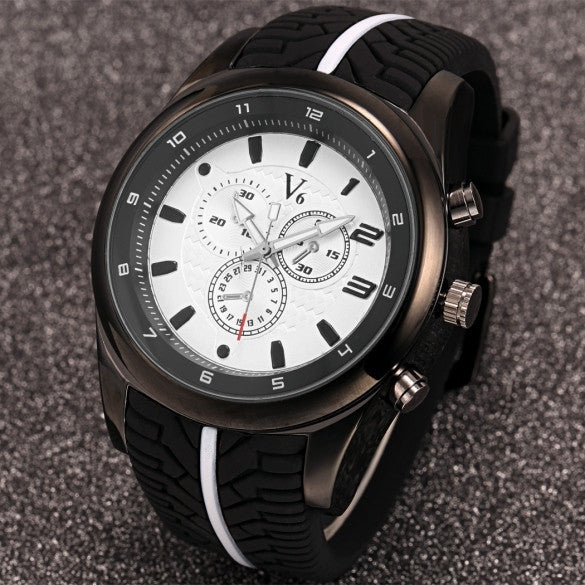 Men Fashion Tire Pattern Silicone Watchband Large Dial Quartz Analog Sport Wrist Watch - Meet Yours Fashion - 6