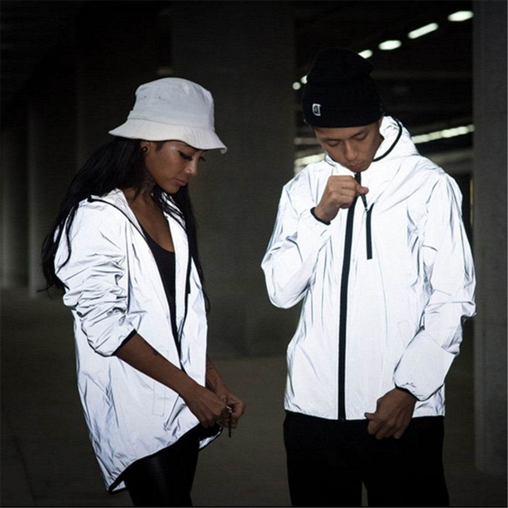 Long Sleeved Reflective Jacket Men Harajuku Windbreaker Jackets Hooded Hip-Hop Streetwear Night Shiny Zipper Coats