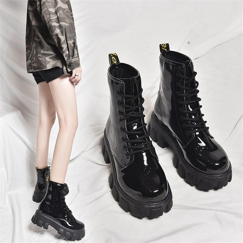 Black Leather Round Toe Lace-up Chunky Heel Boots 