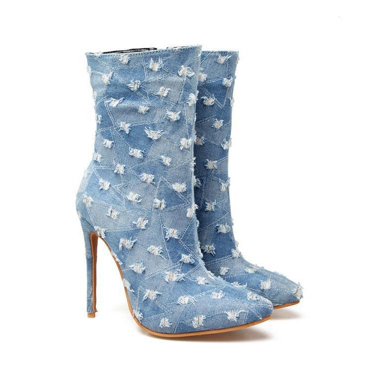 Denim Patchwork Pointed-Toe Mid-Calf High Heel Boots