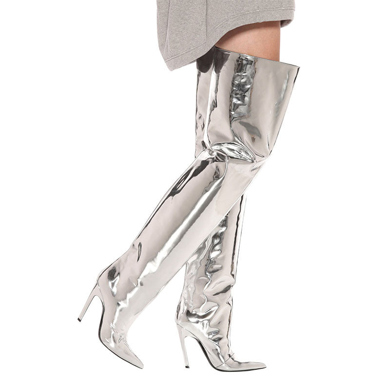 Silver mirror Boots | Over-the-knee Boots | Pointed toe Boots
